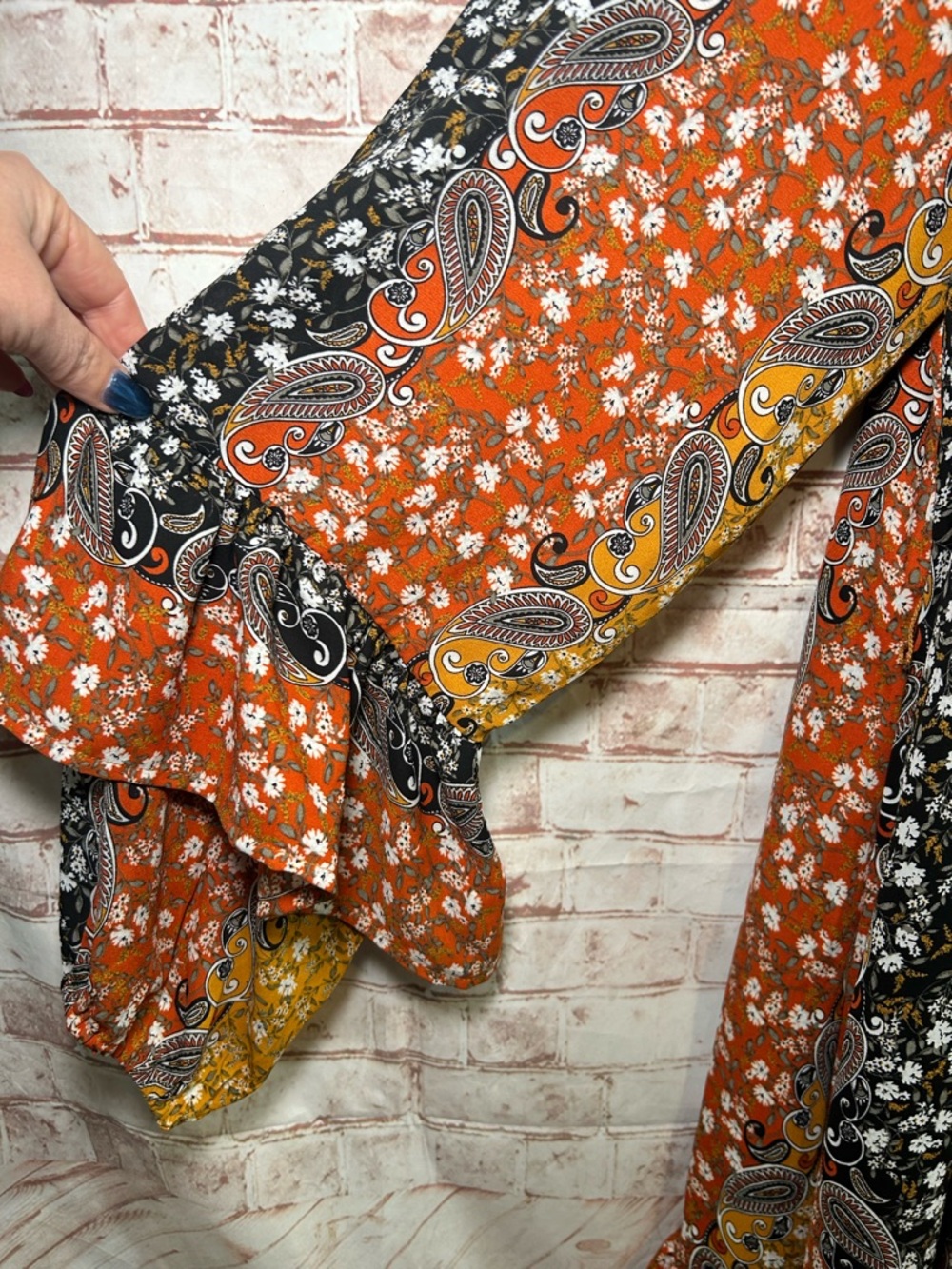 Shyanne Paisley Ruffle Patchwork Boho Mini Dress - Rust Mustard Black Size Large - Picture 4 of 5
